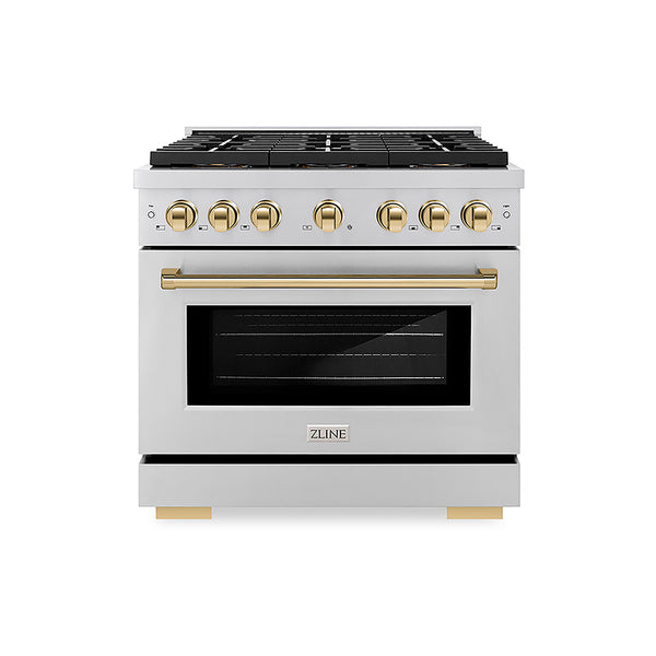 ZLINE Autograph Edition 36 in. 5.2 cu. ft. Paramount Dual Fuel Range with 6 Burner DuoPro™ Cooktop and Electric Convection Oven in Stainless Steel and Polished Gold Accents, Open Box-Great Condition