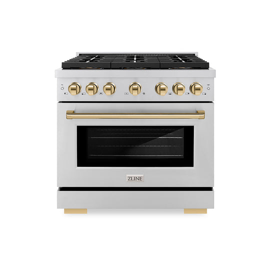 ZLINE Autograph Edition 36 in. 5.2 cu. ft. Paramount Dual Fuel Range with 6 Burner DuoPro™ Cooktop and Electric Convection Oven in Stainless Steel and Polished Gold Accents (PSDRZ-36-G)
