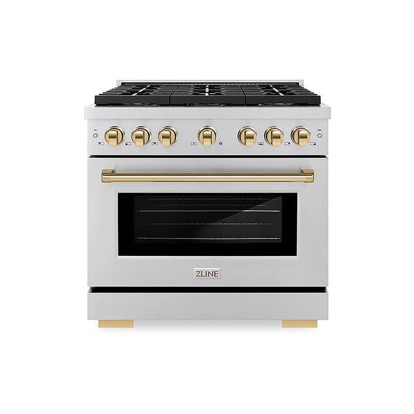 ZLINE Autograph Edition 36 in. 5.2 cu. ft. Paramount Dual Fuel Range with 6 Burner DuoPro™ Cooktop and Electric Convection Oven in Stainless Steel and Polished Gold Accents, Open Box-Good Condition