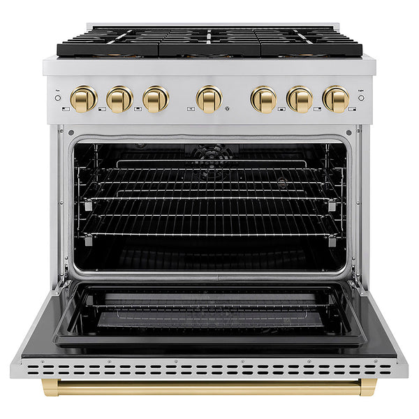 ZLINE Autograph Edition 36 in. 5.2 cu. ft. Paramount Dual Fuel Range with 6 Burner DuoPro™ Cooktop and Electric Convection Oven in Stainless Steel and Polished Gold Accents, Open Box-Great Condition