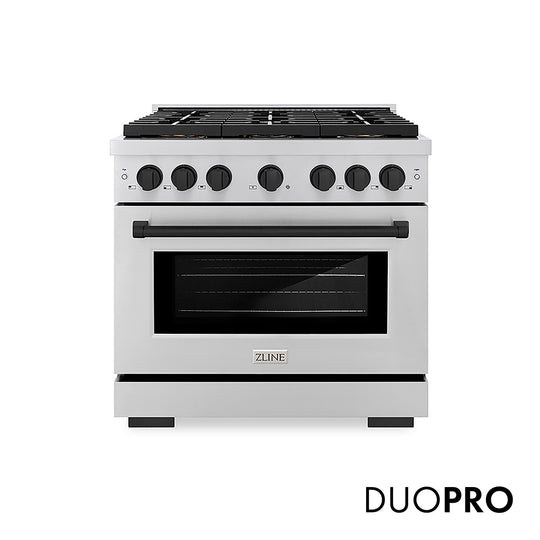ZLINE Autograph Edition 36 in. 5.2 cu. ft. Paramount Dual Fuel Range with 6 Burner DuoPro™ Cooktop and Electric Convection Oven in Stainless Steel and Matte Black Accents (PSDRZ-36-MB)