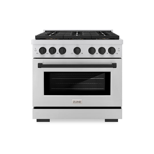 ZLINE Autograph Edition 36 in. 5.2 cu. ft. Paramount Dual Fuel Range with 6 Burner DuoPro™ Cooktop and Electric Convection Oven with White Matte Door and Matte Black Accents (PSDRZ-WM-36-MB)