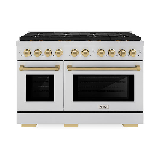 ZLINE Autograph Edition 48 in. 6.7 cu. ft. Paramount Dual Fuel Range with 8 Burner DuoPro™ Cooktop and Dual Ovens in Stainless Steel and Champagne Bronze Accents (PSDRZ-48-CB)