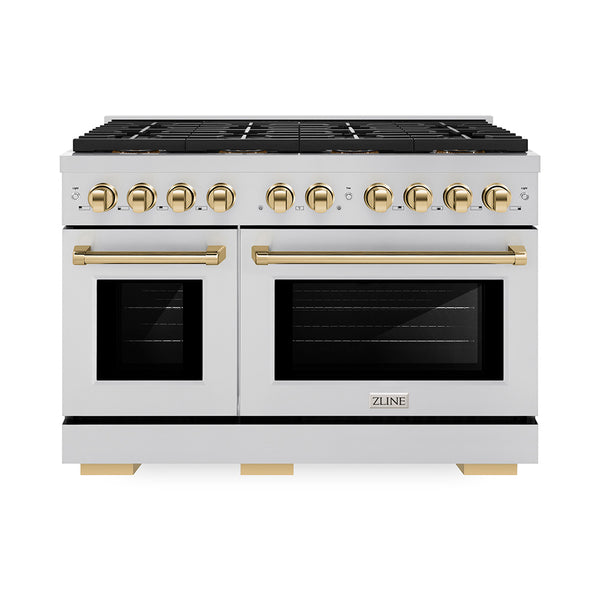 ZLINE Autograph Edition 48 in. 6.7 cu. ft. Paramount Dual Fuel Range with 8 Burner DuoPro™ Cooktop and Dual Ovens in Stainless Steel and Polished Gold Accents (PSDRZ-48-G)