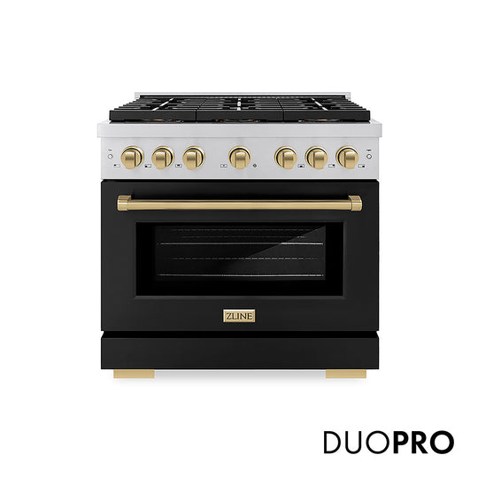 ZLINE Autograph Edition 36 in. 5.2 cu. ft. Paramount Dual Fuel Range with 6 Burner DuoPro™ Cooktop and Electric Convection Oven with Black Matte Door and Champagne Bronze Accents, Open Box-Great Condition