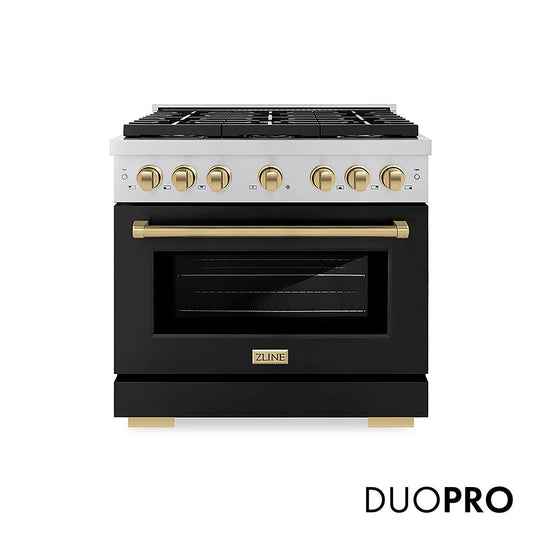 ZLINE Autograph Edition 36 in. 5.2 cu. ft. Paramount Dual Fuel Range with 6 Burner DuoPro™ Cooktop and Electric Convection Oven with Black Matte Door and Champagne Bronze Accents, Open Box-Good Condition