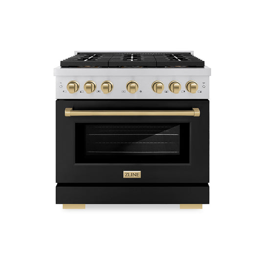 ZLINE Autograph Edition 36 in. 5.2 cu. ft. Paramount Dual Fuel Range with 6 Burner DuoPro™ Cooktop and Electric Convection Oven with Black Matte Door and Champagne Bronze Accents (PSDRZ-BLM-36-CB)