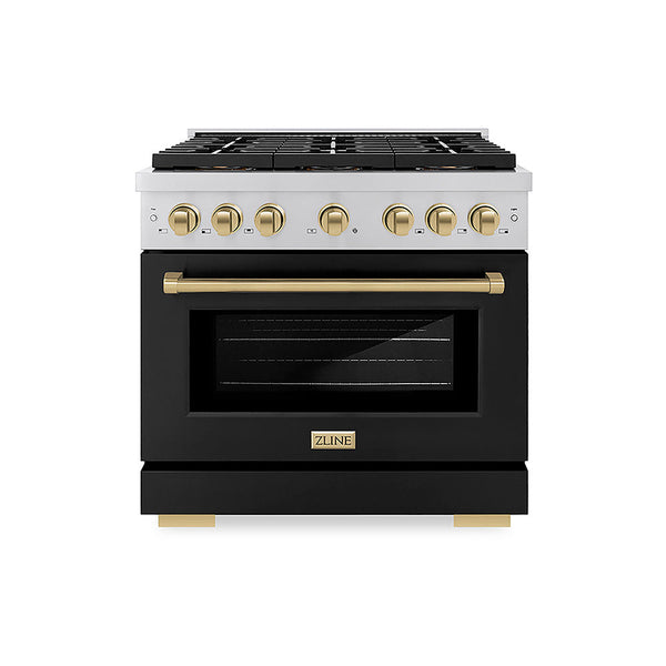 ZLINE Autograph Edition 36 in. 5.2 cu. ft. Paramount Dual Fuel Range with 6 Burner DuoPro™ Cooktop and Electric Convection Oven with Black Matte Door and Champagne Bronze Accents, Open Box-Good Condition