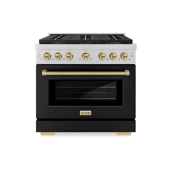 ZLINE Autograph Edition 36 in. 5.2 cu. ft. Paramount Dual Fuel Range with 6 Burner DuoPro™ Cooktop and Electric Convection Oven with Black Matte Door and Champagne Bronze Accents, Open Box-Great Condition