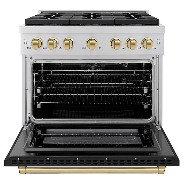 ZLINE Autograph Edition 36 in. 5.2 cu. ft. Paramount Dual Fuel Range with 6 Burner DuoPro™ Cooktop and Electric Convection Oven with Black Matte Door and Champagne Bronze Accents, Open Box-Good Condition