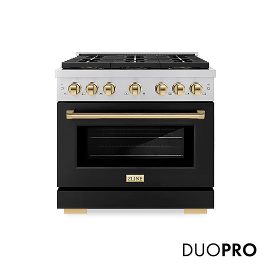 ZLINE Autograph Edition 36 in. 5.2 cu. ft. Paramount Dual Fuel Range with 6 Burner DuoPro™ Cooktop and Electric Convection Oven with Black Matte Door and Polished Gold Accents, Open Box-Good Condition