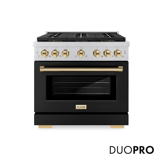 ZLINE Autograph Edition 36 in. 5.2 cu. ft. Paramount Dual Fuel Range with 6 Burner DuoPro™ Cooktop and Electric Convection Oven with Black Matte Door and Polished Gold Accents, Open Box-Great Condition