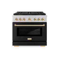 ZLINE Autograph Edition 36 in. 5.2 cu. ft. Paramount Dual Fuel Range with 6 Burner DuoPro™ Cooktop and Electric Convection Oven with Black Matte Door and Polished Gold Accents (PSDRZ-BLM-36-G)