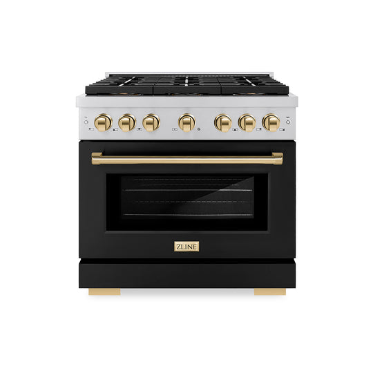 ZLINE Autograph Edition 36 in. 5.2 cu. ft. Paramount Dual Fuel Range with 6 Burner DuoPro™ Cooktop and Electric Convection Oven with Black Matte Door and Polished Gold Accents (PSDRZ-BLM-36-G)