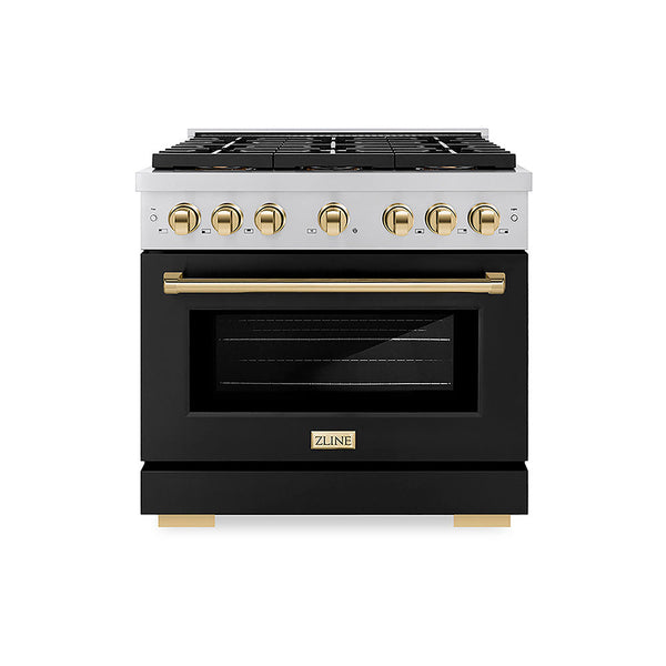ZLINE Autograph Edition 36 in. 5.2 cu. ft. Paramount Dual Fuel Range with 6 Burner DuoPro™ Cooktop and Electric Convection Oven with Black Matte Door and Polished Gold Accents, Open Box-Good Condition