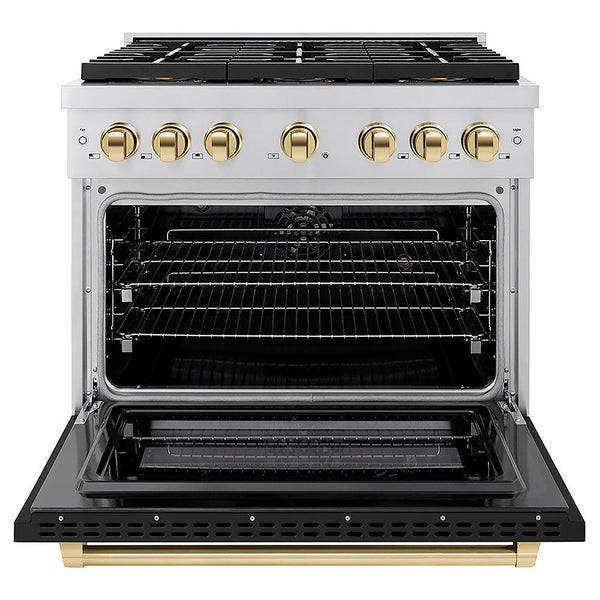 ZLINE Autograph Edition 36 in. 5.2 cu. ft. Paramount Dual Fuel Range with 6 Burner DuoPro™ Cooktop and Electric Convection Oven with Black Matte Door and Polished Gold Accents, Open Box-Good Condition