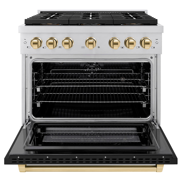 ZLINE Autograph Edition 36 in. 5.2 cu. ft. Paramount Dual Fuel Range with 6 Burner DuoPro™ Cooktop and Electric Convection Oven with Black Matte Door and Polished Gold Accents (PSDRZ-BLM-36-G)