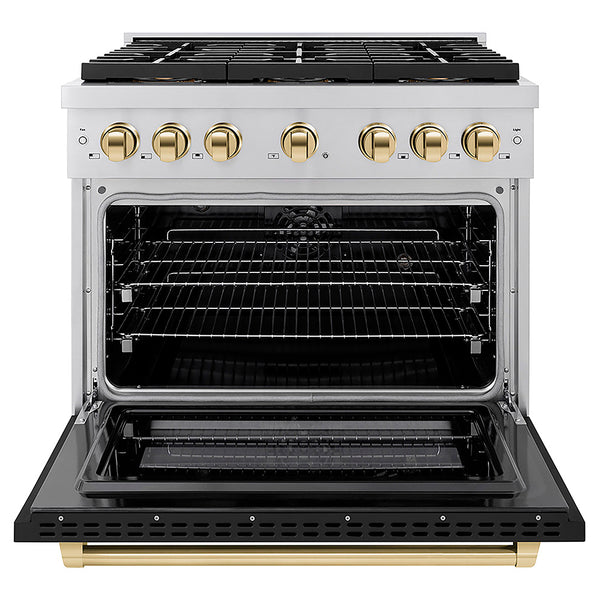 ZLINE Autograph Edition 36 in. 5.2 cu. ft. Paramount Dual Fuel Range with 6 Burner DuoPro™ Cooktop and Electric Convection Oven with Black Matte Door and Polished Gold Accents, Open Box-Great Condition