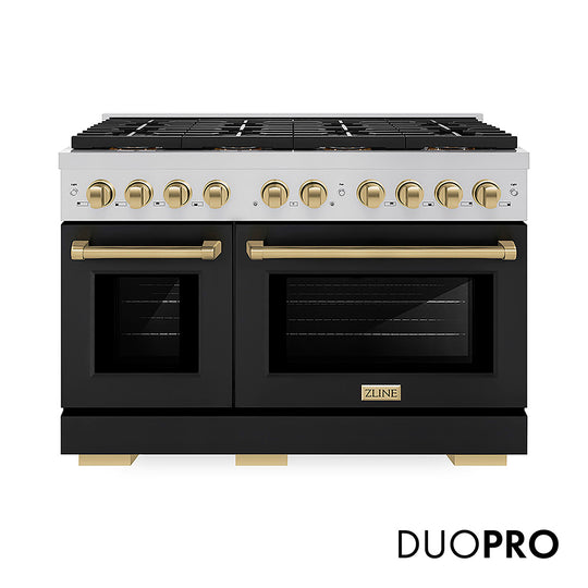 ZLINE Autograph Edition 48 in. 6.7 cu. ft. Paramount Dual Fuel Range with 8 Burner DuoPro™ Cooktop and Dual Ovens with Black Matte Doors and Champagne Bronze Accents, Open Box-Great Condition