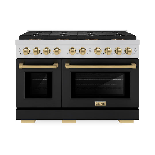 ZLINE Autograph Edition 48 in. 6.7 cu. ft. Paramount Dual Fuel Range with 8 Burner DuoPro™ Cooktop and Dual Ovens with Black Matte Doors and Champagne Bronze Accents (PSDRZ-BLM-48-CB)