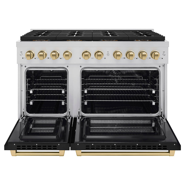 ZLINE Autograph Edition 48 in. 6.7 cu. ft. Paramount Dual Fuel Range with 8 Burner DuoPro™ Cooktop and Dual Ovens with Black Matte Doors and Champagne Bronze Accents (PSDRZ-BLM-48-CB)
