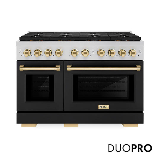 ZLINE Autograph Edition 48 in. 6.7 cu. ft. Paramount Dual Fuel Range with 8 Burner DuoPro™ Cooktop and Dual Ovens with Black Matte Doors and Polished Gold Accents, Open Box-Good Condition