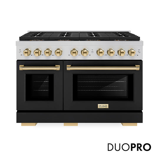 ZLINE Autograph Edition 48 in. 6.7 cu. ft. Paramount Dual Fuel Range with 8 Burner DuoPro™ Cooktop and Dual Ovens with Black Matte Doors and Polished Gold Accents, Open Box-Great Condition