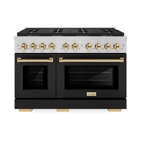 ZLINE Autograph Edition 48 in. 6.7 cu. ft. Paramount Dual Fuel Range with 8 Burner DuoPro™ Cooktop and Dual Ovens with Black Matte Doors and Polished Gold Accents, Open Box-Good Condition