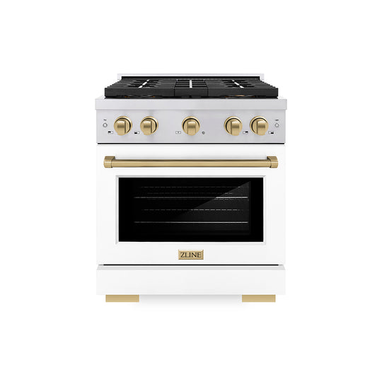 ZLINE Autograph Edition 30 in. 4.2 cu. ft. Paramount Dual Fuel Range with 4 Burner DuoPro™ Cooktop and Electric Convection Oven in Stainless Steel with White Matte Door and Champagne Bronze Accents (PSDRZ-WM-30-CB)