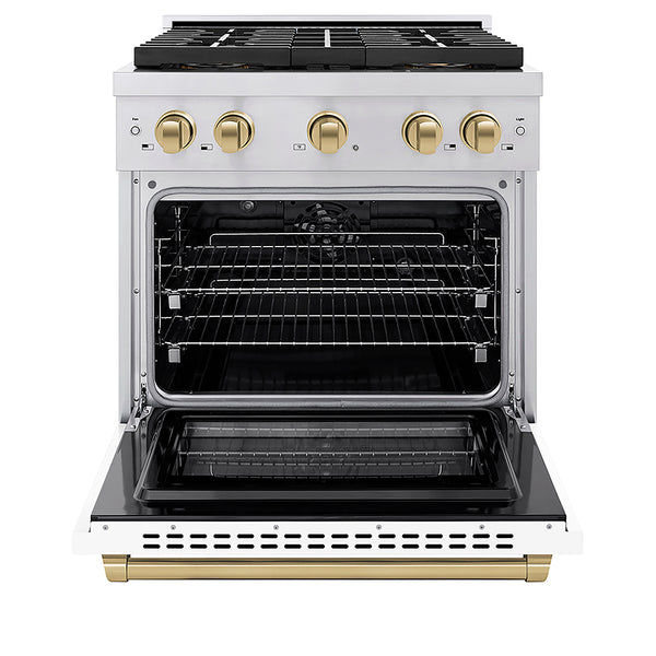 ZLINE Autograph Edition 30 in. 4.2 cu. ft. Paramount Dual Fuel Range with 4 Burner DuoPro™ Cooktop and Electric Convection Oven in Stainless Steel with White Matte Door and Champagne Bronze Accents, Open Box-Great Condition