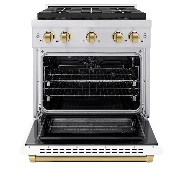 ZLINE Autograph Edition 30 in. 4.2 cu. ft. Paramount Dual Fuel Range with 4 Burner DuoPro™ Cooktop and Electric Convection Oven in Stainless Steel with White Matte Door and Champagne Bronze Accents, Open Box-Good Condition