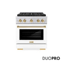 ZLINE Autograph Edition 30 in. 4.2 cu. ft. Paramount Dual Fuel Range with 4 Burner DuoPro™ Cooktop and Electric Convection Oven in Stainless Steel with White Matte Door and Polished Gold Accents (PSDRZ-WM-30-G)