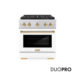 ZLINE Autograph Edition 30 in. 4.2 cu. ft. Paramount Dual Fuel Range with 4 Burner DuoPro™ Cooktop and Electric Convection Oven in Stainless Steel with White Matte Door and Polished Gold Accents, Open Box-Great Condition