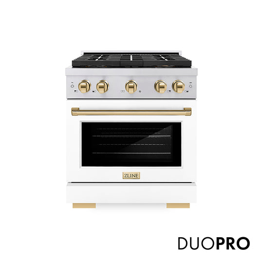 ZLINE Autograph Edition 30 in. 4.2 cu. ft. Paramount Dual Fuel Range with 4 Burner DuoPro™ Cooktop and Electric Convection Oven in Stainless Steel with White Matte Door and Polished Gold Accents (PSDRZ-WM-30-G)