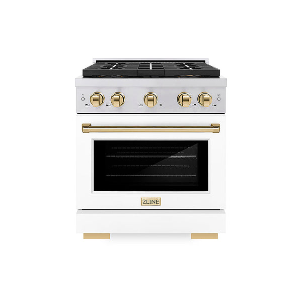 ZLINE Autograph Edition 30 in. 4.2 cu. ft. Paramount Dual Fuel Range with 4 Burner DuoPro™ Cooktop and Electric Convection Oven in Stainless Steel with White Matte Door and Polished Gold Accents, Open Box-Good Condition