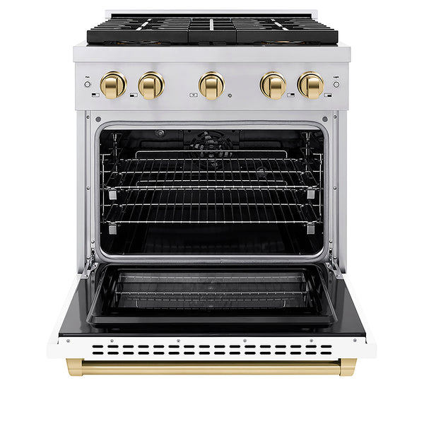 ZLINE Autograph Edition 30 in. 4.2 cu. ft. Paramount Dual Fuel Range with 4 Burner DuoPro™ Cooktop and Electric Convection Oven in Stainless Steel with White Matte Door and Polished Gold Accents, Open Box-Great Condition