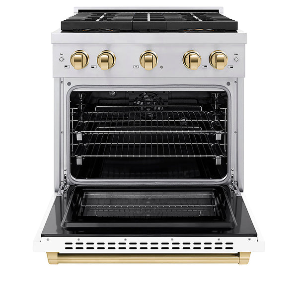 ZLINE Autograph Edition 30 in. 4.2 cu. ft. Paramount Dual Fuel Range with 4 Burner DuoPro™ Cooktop and Electric Convection Oven in Stainless Steel with White Matte Door and Polished Gold Accents, Open Box-Good Condition