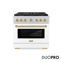 ZLINE Autograph Edition 36 in. 5.2 cu. ft. Paramount Dual Fuel Range with 6 Burner DuoPro™ Cooktop and Electric Convection Oven with White Matte Door and Champagne Bronze Accents, Open Box-Good Condition