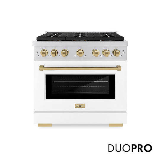 ZLINE Autograph Edition 36 in. 5.2 cu. ft. Paramount Dual Fuel Range with 6 Burner DuoPro™ Cooktop and Electric Convection Oven with White Matte Door and Champagne Bronze Accents, Open Box-Good Condition