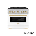 ZLINE Autograph Edition 36 in. 5.2 cu. ft. Paramount Dual Fuel Range with 6 Burner DuoPro™ Cooktop and Electric Convection Oven with White Matte Door and Champagne Bronze Accents, Open Box-Great Condition