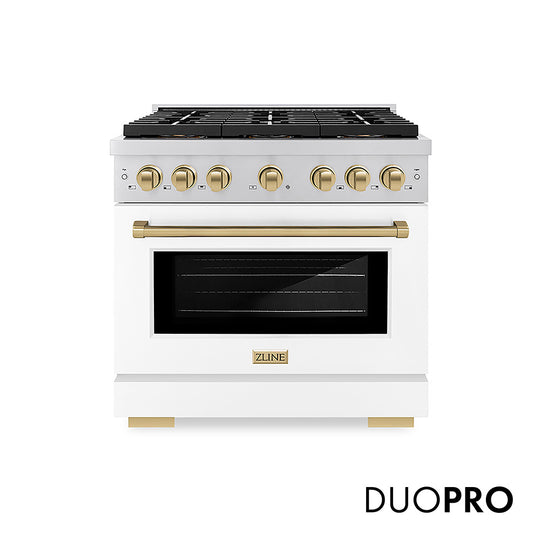 ZLINE Autograph Edition 36 in. 5.2 cu. ft. Paramount Dual Fuel Range with 6 Burner DuoPro™ Cooktop and Electric Convection Oven with White Matte Door and Champagne Bronze Accents, Open Box-Great Condition
