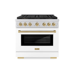 ZLINE Autograph Edition 36 in. 5.2 cu. ft. Paramount Dual Fuel Range with 6 Burner DuoPro™ Cooktop and Electric Convection Oven with White Matte Door and Champagne Bronze Accents (PSDRZ-WM-36-CB)
