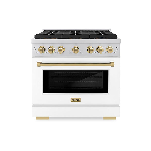 ZLINE Autograph Edition 36 in. 5.2 cu. ft. Paramount Dual Fuel Range with 6 Burner DuoPro™ Cooktop and Electric Convection Oven with White Matte Door and Champagne Bronze Accents, Open Box-Good Condition