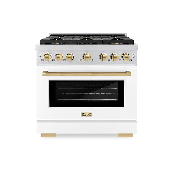 ZLINE Autograph Edition 36 in. 5.2 cu. ft. Paramount Dual Fuel Range with 6 Burner DuoPro™ Cooktop and Electric Convection Oven with White Matte Door and Champagne Bronze Accents, Open Box-Great Condition