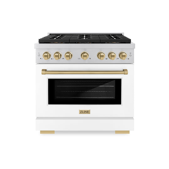 ZLINE Autograph Edition 36 in. 5.2 cu. ft. Paramount Dual Fuel Range with 6 Burner DuoPro™ Cooktop and Electric Convection Oven with White Matte Door and Champagne Bronze Accents (PSDRZ-WM-36-CB)