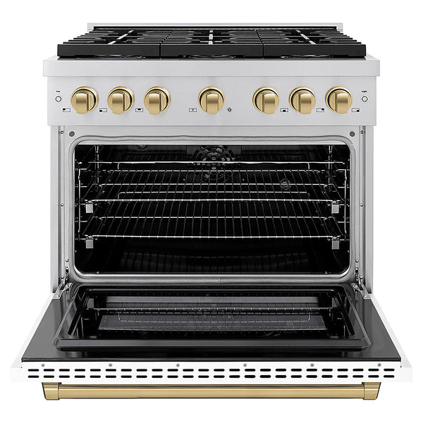 ZLINE Autograph Edition 36 in. 5.2 cu. ft. Paramount Dual Fuel Range with 6 Burner DuoPro™ Cooktop and Electric Convection Oven with White Matte Door and Champagne Bronze Accents, Open Box-Good Condition