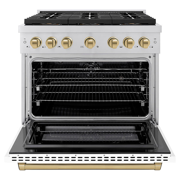 ZLINE Autograph Edition 36 in. 5.2 cu. ft. Paramount Dual Fuel Range with 6 Burner DuoPro™ Cooktop and Electric Convection Oven with White Matte Door and Champagne Bronze Accents, Open Box-Great Condition