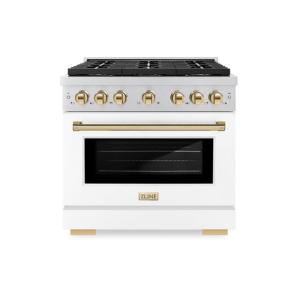 ZLINE Autograph Edition 36 in. 5.2 cu. ft. Paramount Dual Fuel Range with 6 Burner DuoPro™ Cooktop and Electric Convection Oven with White Matte Door and Polished Gold Accents, Open Box-Good Condition