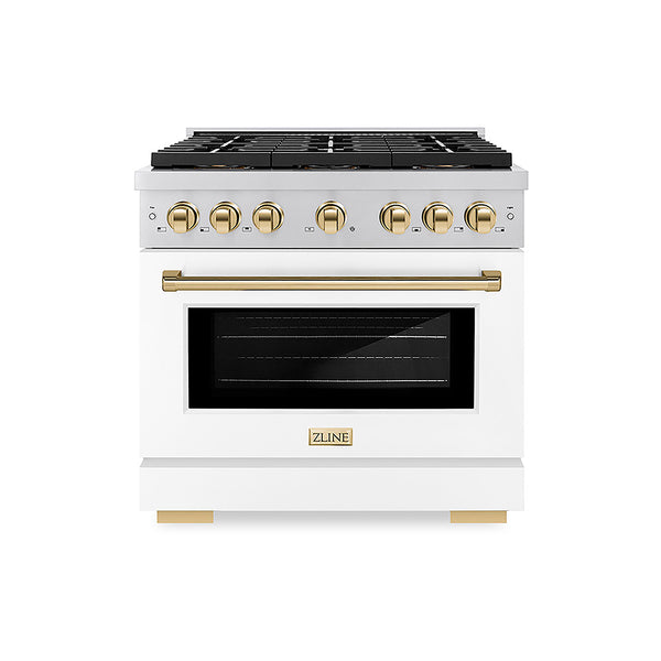 ZLINE Autograph Edition 36 in. 5.2 cu. ft. Paramount Dual Fuel Range with 6 Burner DuoPro™ Cooktop and Electric Convection Oven with White Matte Door and Polished Gold Accents, Open Box-Great Condition