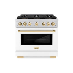 ZLINE Autograph Edition 36 in. 5.2 cu. ft. Paramount Dual Fuel Range with 6 Burner DuoPro™ Cooktop and Electric Convection Oven with White Matte Door and Polished Gold Accents (PSDRZ-WM-36-G)
